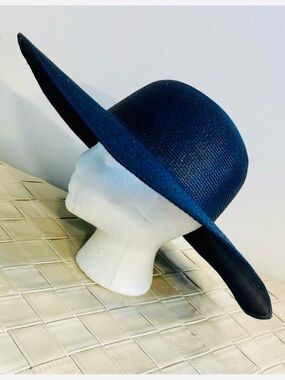Wide-Brim Floppy Straw Sun Hat in Navy Blue for Beach Protection or Wedding
